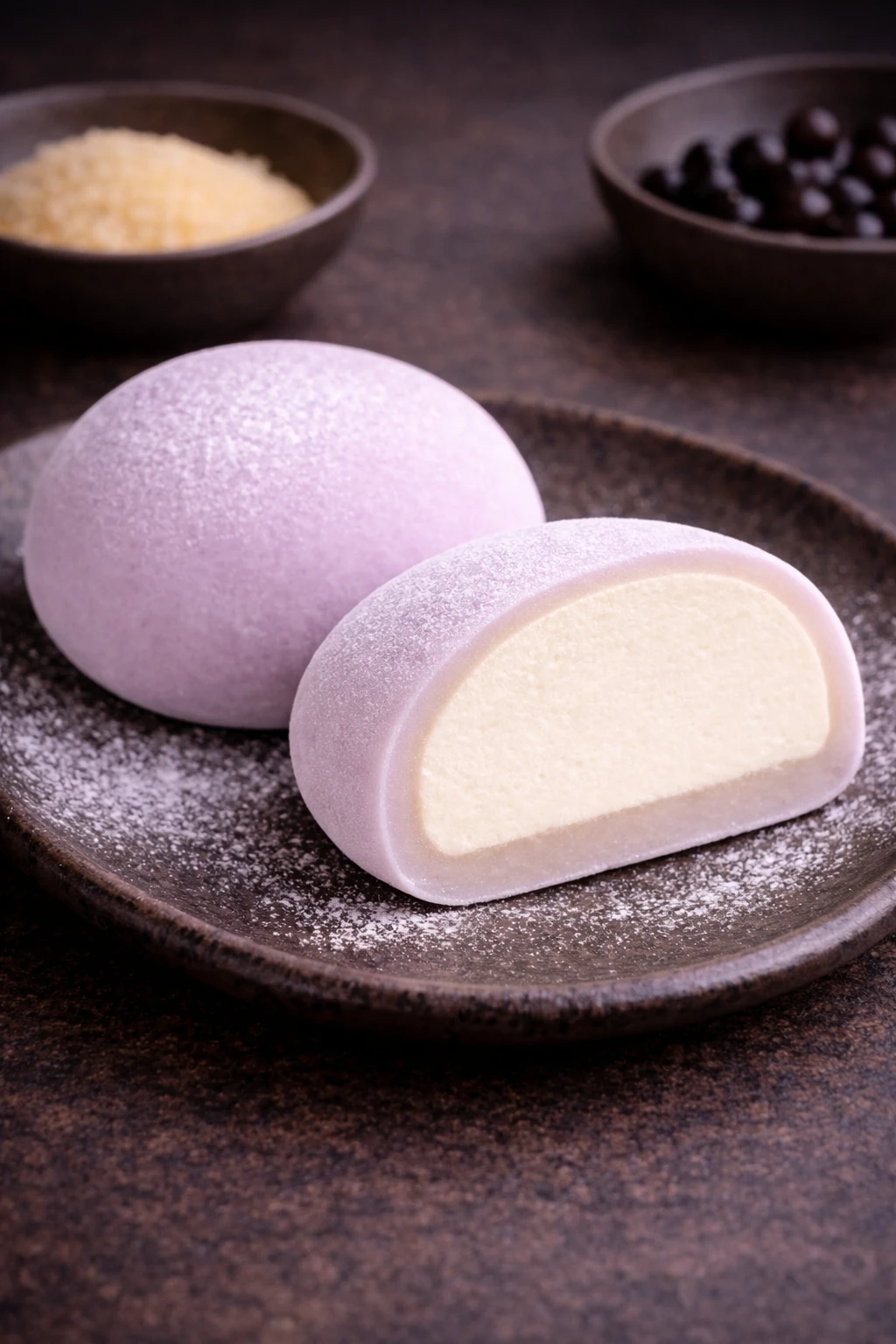 Mochi bubble tea con exterior lila suave